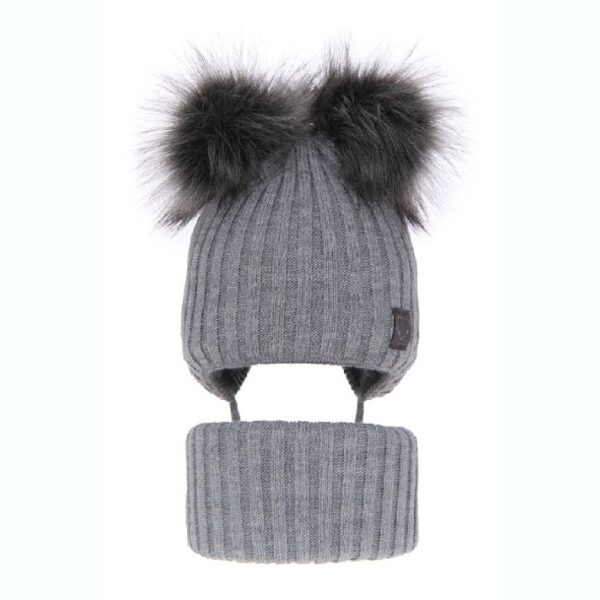 Meiteņu ziemas komplekts (52-54) - cepure un tuneļšalle/ Pelēka ar diviem bumbuļiem
