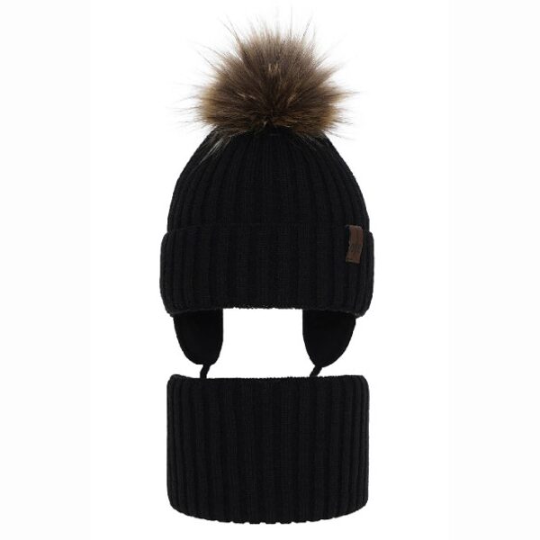 Zēnu ziemas komplekts (52-54) - cepure un tuneļšalle/ melna ar bumbuli