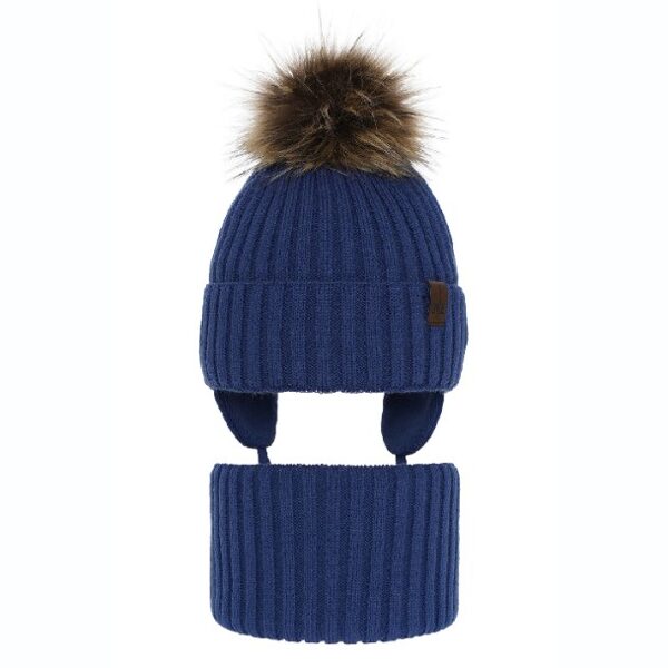 Zēnu ziemas komplekts (52-54) - cepure un tuneļšalle/ tumši zila ar bumbuli