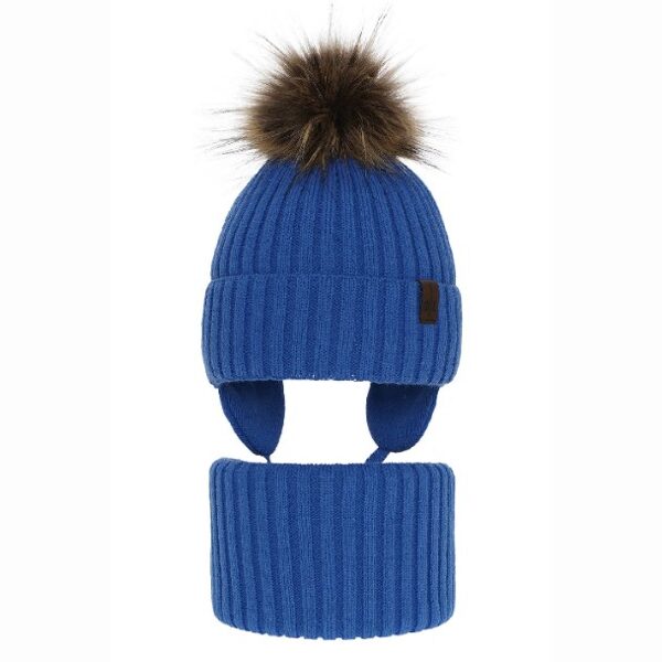 Zēnu ziemas komplekts (52-54) - cepure un tuneļšalle/ zila ar bumbuli