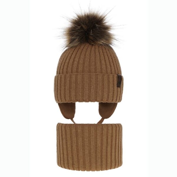 Zēnu ziemas komplekts (52-54) - cepure un tuneļšalle/ brūna ar bumbuli