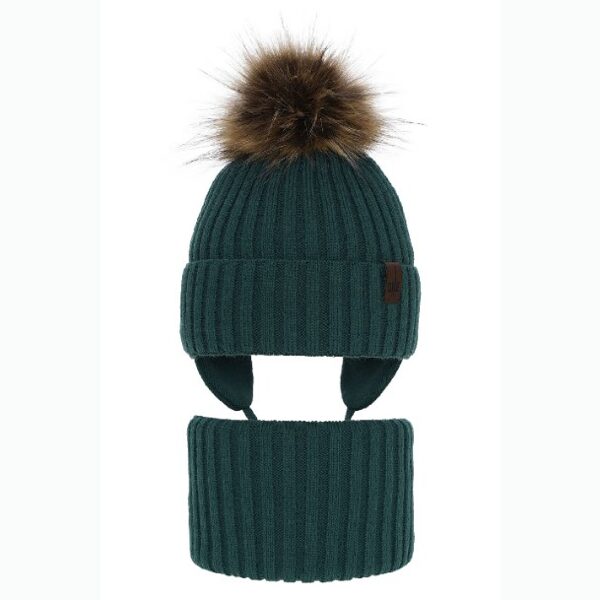 Zēnu ziemas komplekts (52-54) - cepure un tuneļšalle/ zaļa ar bumbuli