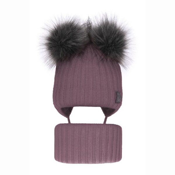 Meiteņu ziemas komplekts (52-54) - cepure un tuneļšalli/ violeta ar diviem bumbuļiem