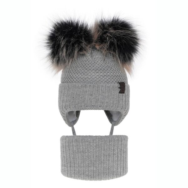Zēnu ziemas komplekts (48-50) - cepure un tuneļšalle/ Pelēka ar diviem bumbuļiem