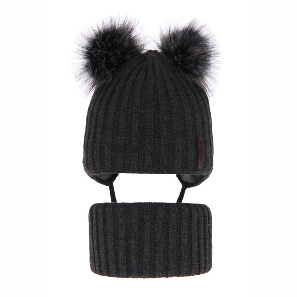 Zēnu ziemas komplekts (48-50) - cepure un tuneļšalle/ Tumši pelēka ar diviem bumbuli