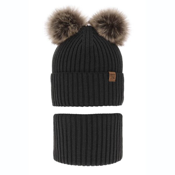 Zēnu ziemas komplekts (52-54) - cepure un tuneļšalle/ Tumši pelēka ar diviem bumbuļiem 