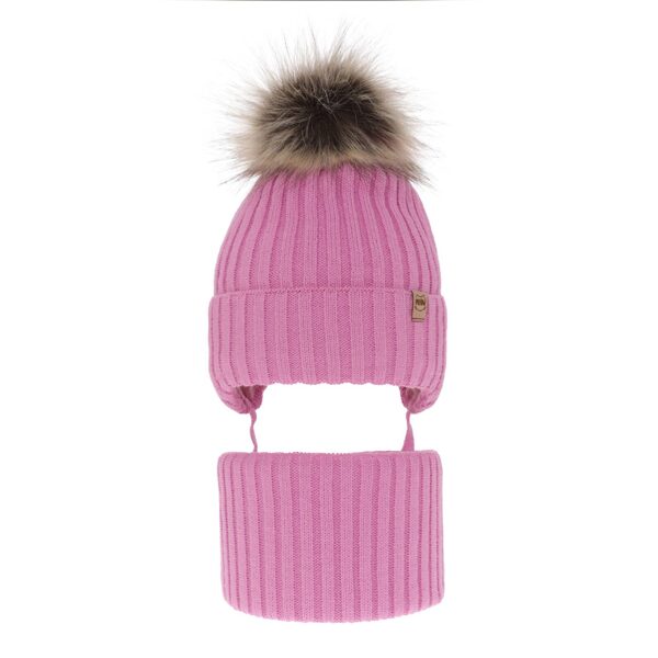 Meiteņu ziemas komplekts (50-52) - cepure un tuneļšalle / Rozā ar bumbuli